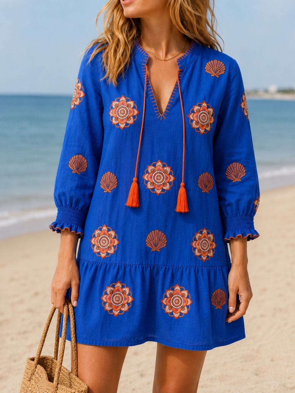 Tyler Böe Embroidered Linen Mini Dress XS Blue Orange Coastal Tassel Tunic Dress